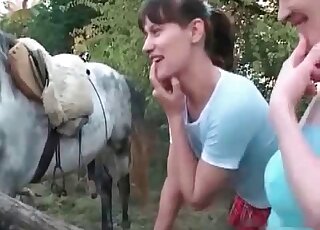 Horned-up stallion fucking two adorable babes